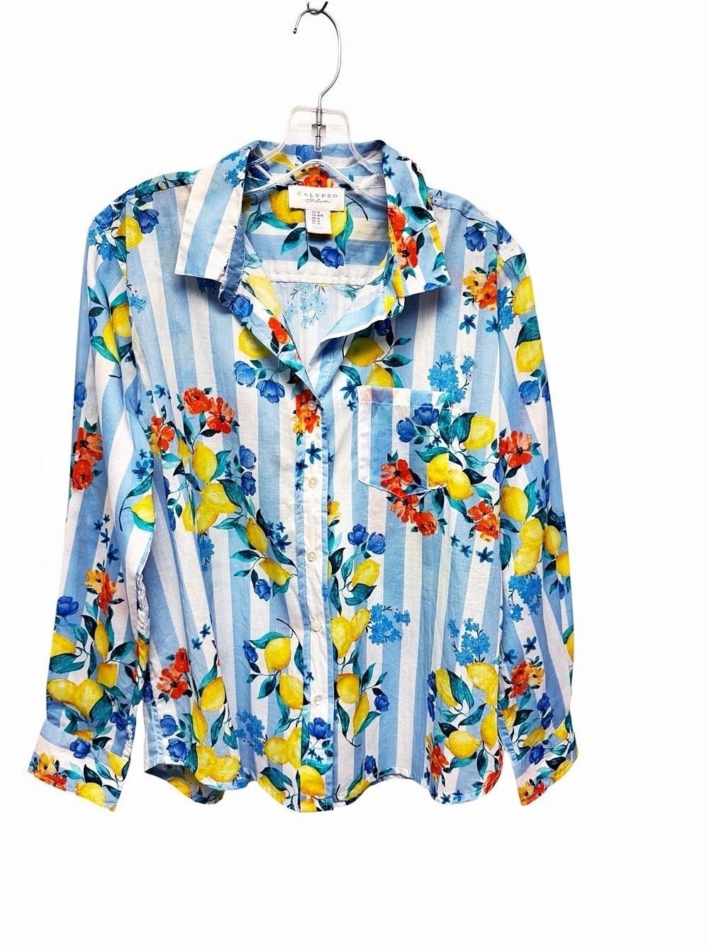 Calypso St. Barth Floral Lemon Print Striped Cotton Shirt Size Medium